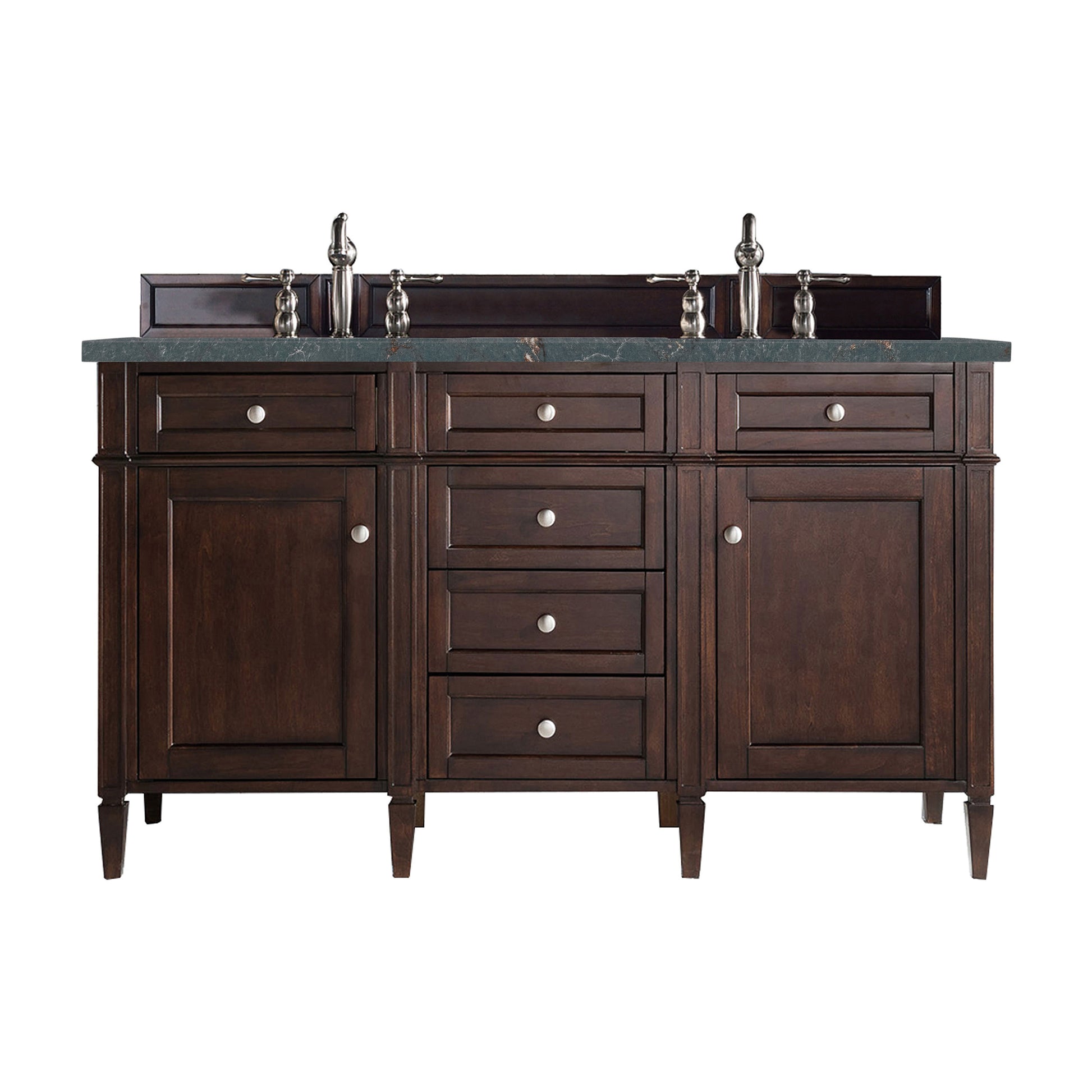 Renovate for Less Atlanta Brittany 60" Double Vanity, Burnished Mahogany w/ 3 CM Parisien Bleu Silestone Top w/FreePower Wireless Charger