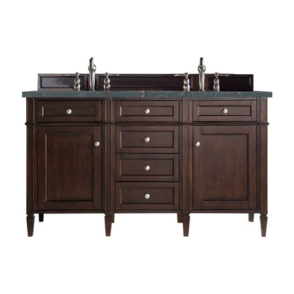 Renovate for Less Atlanta Brittany 60" Double Vanity, Burnished Mahogany w/ 3 CM Parisien Bleu Silestone Top w/FreePower Wireless Charger