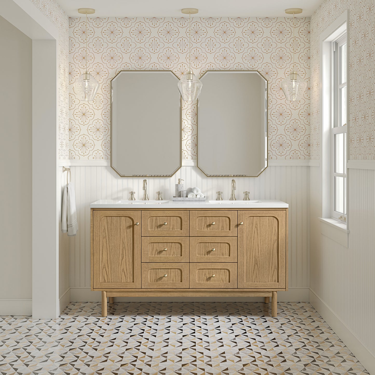 Renovate for Less Atlanta Laurent 60" Double Vanity, Light Natural Oak, w/ 3 CM White Zeus Quartz Top