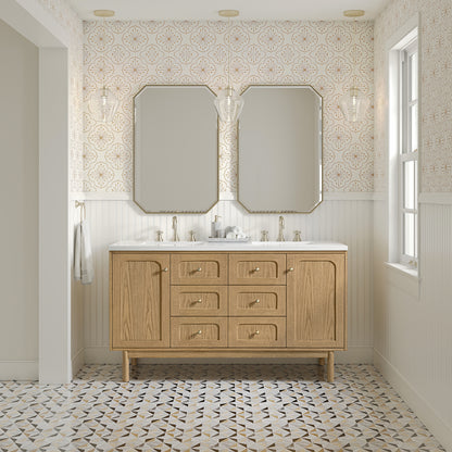 Renovate for Less Atlanta Laurent 60" Double Vanity, Light Natural Oak, w/ 3 CM White Zeus Quartz Top