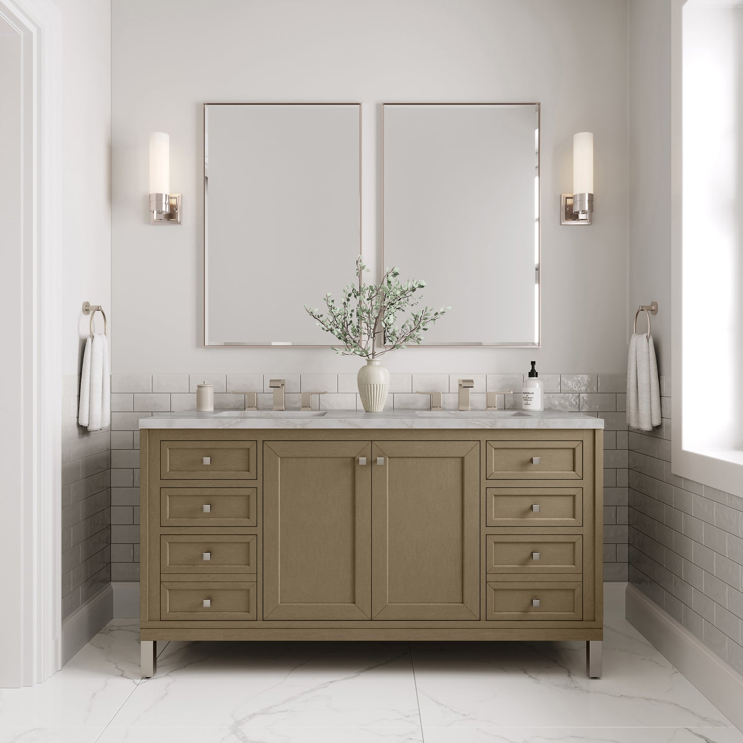 Renovate for Less Atlanta Chicago 60" Double Vanity, Walnut Whisper, w/ 3 CM Victorian Silver Silestone® Top