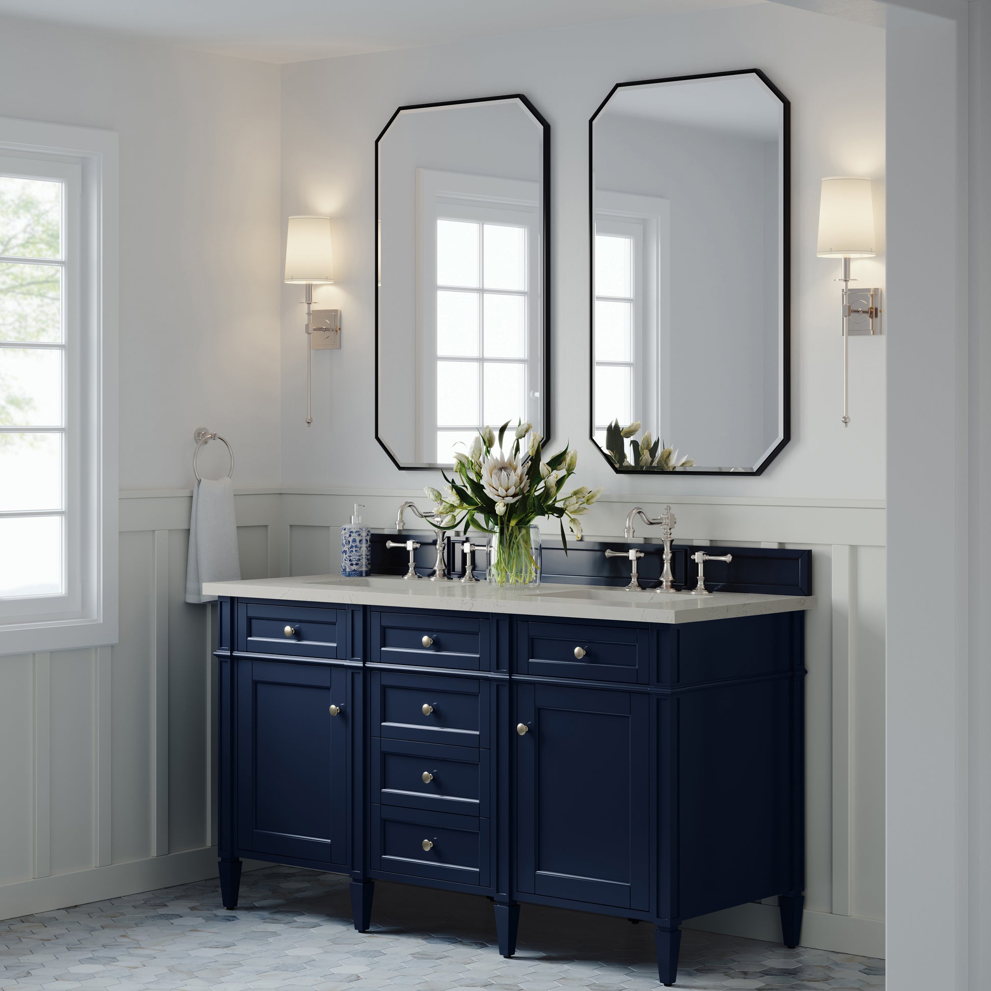 Renovate for Less Atlanta Brittany 60" Double Vanity, Victory Blue, w/ 3 CM Siberian Silestone Top