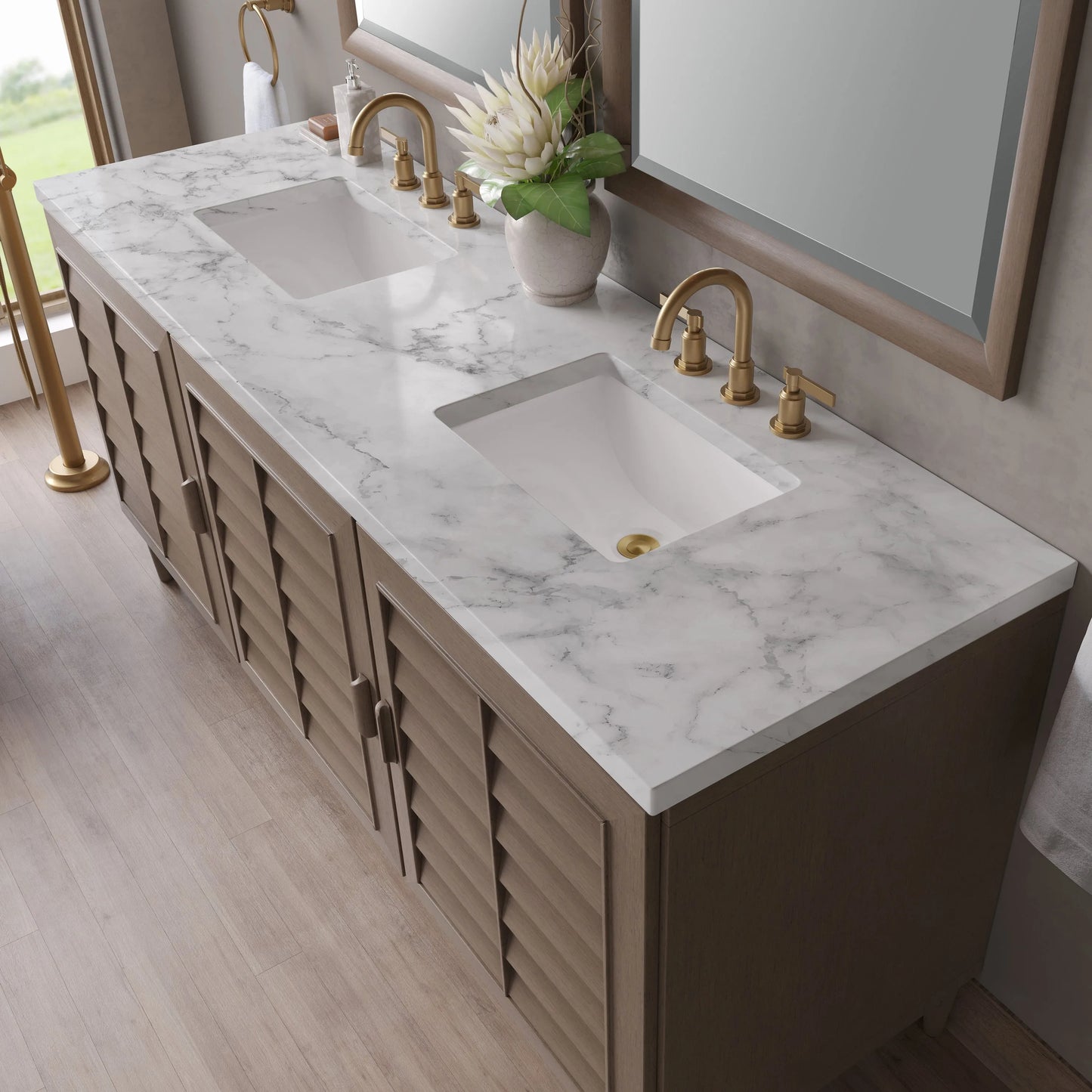 Portland 72" Double Vanity Whitewashed Walnut w/ 3 CM Carrara Marble Top