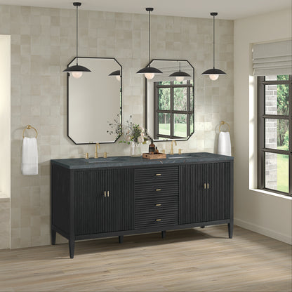 Renovate for Less Atlanta Myrrin 72" Double Vanity, Carbon Oak w/ 3 CM Parisien Bleu Silestone Top w/FreePower Wireless Charger