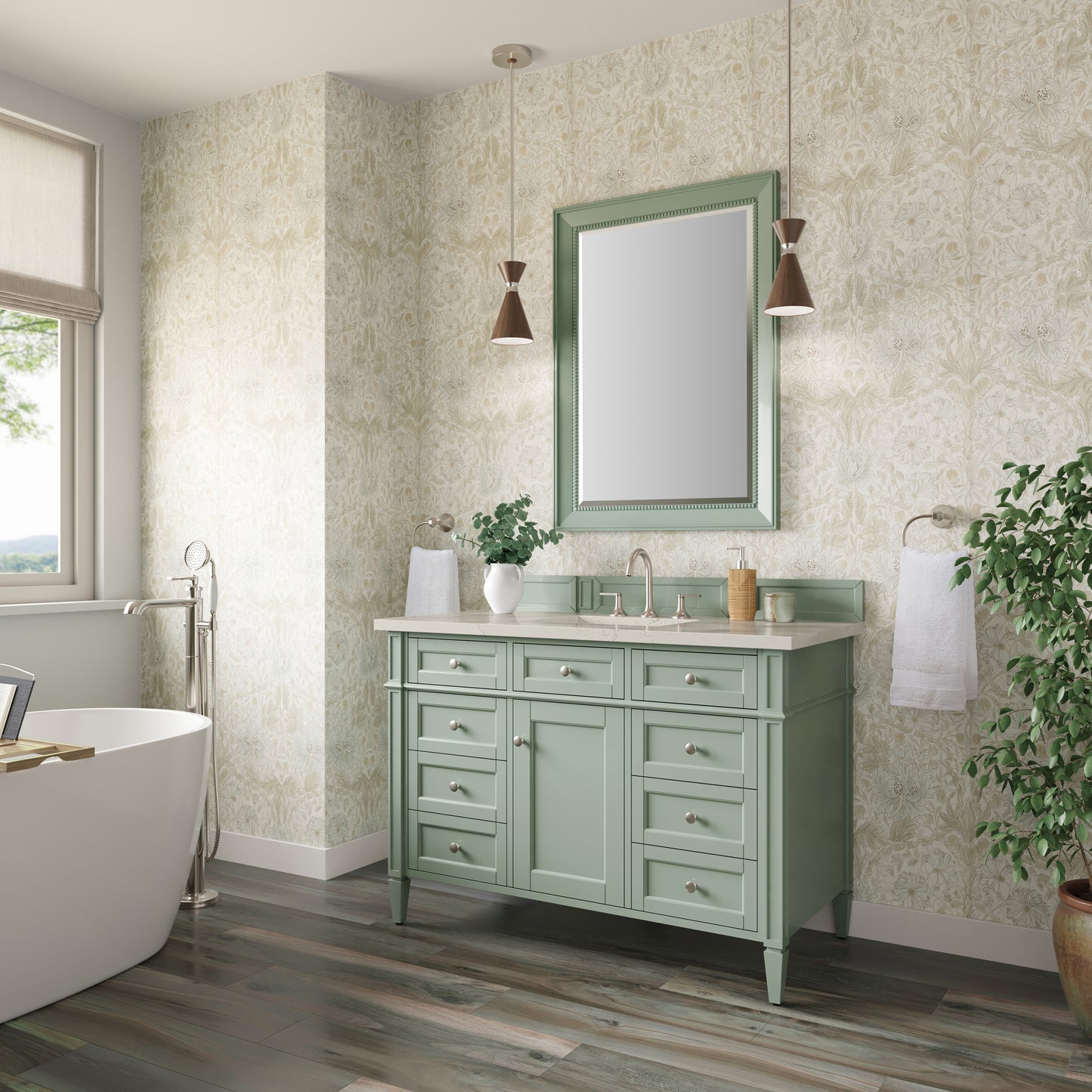 Renovate for Less Atlanta Brittany 48" Single Vanity, Sage Green, w/ 3 CM Siberian Silestone Top