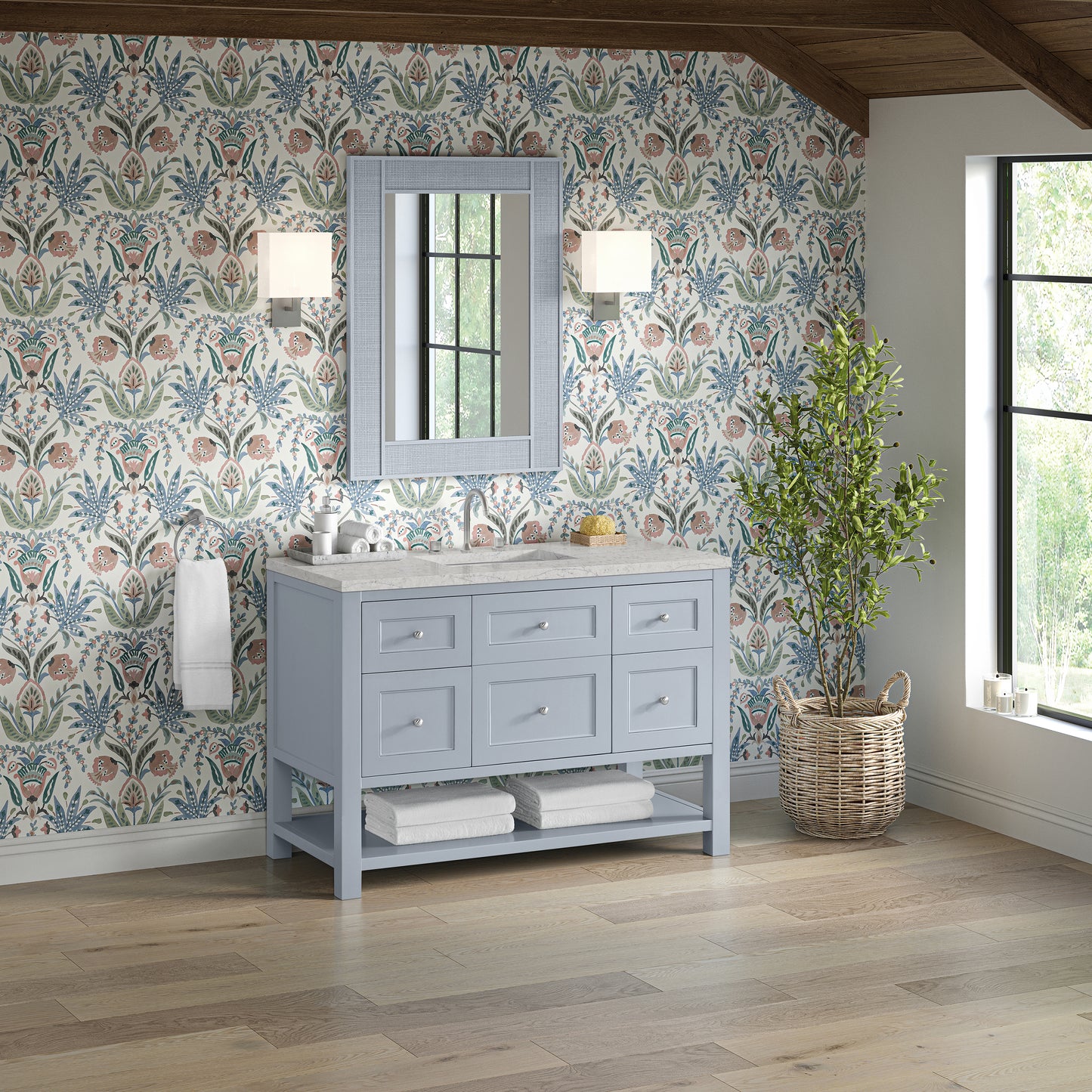 Renovate for Less Atlanta Breckenridge 48" Single Vanity, Serenity Blue, w/ 3 CM Eternal Jasmine Pearl Quartz Top w/FreePower Wireless Charger