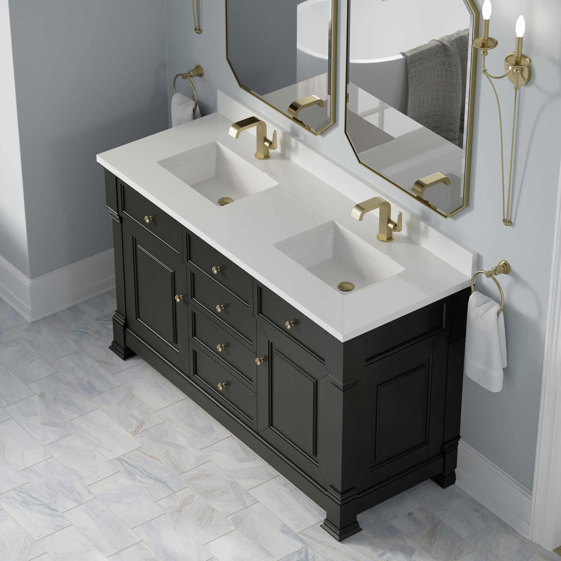 Renovate for Less Atlanta Brookfield 60" Double Vanity, Black Onyx w/ Single Hole 3CM White Zeus Silestone Top & Backsplash