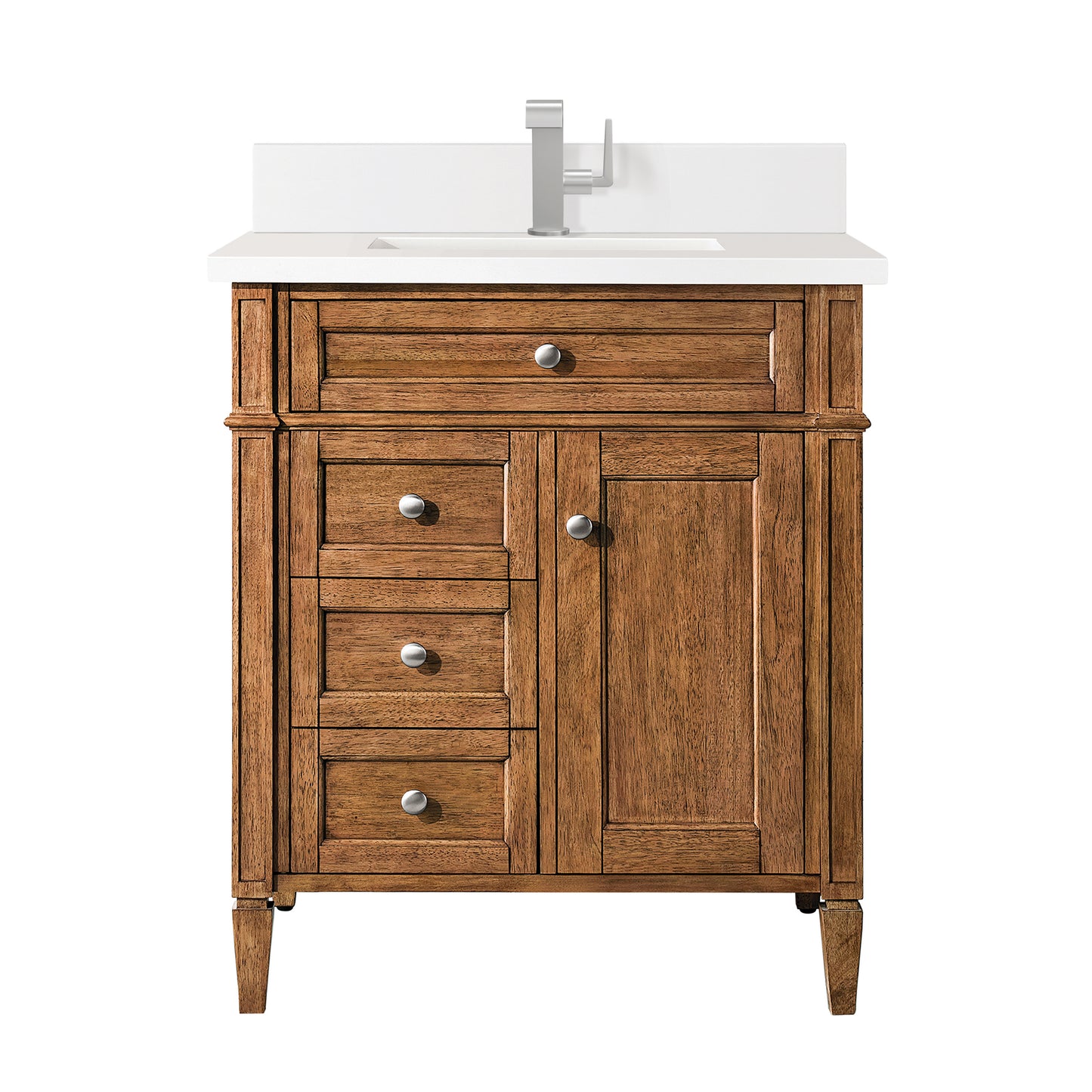 Renovate for Less Atlanta Brittany 30" Single Vanity, Saddle Brown, w/ Single Hole 3 CM White Zeus Silestone Top & Backsplash
