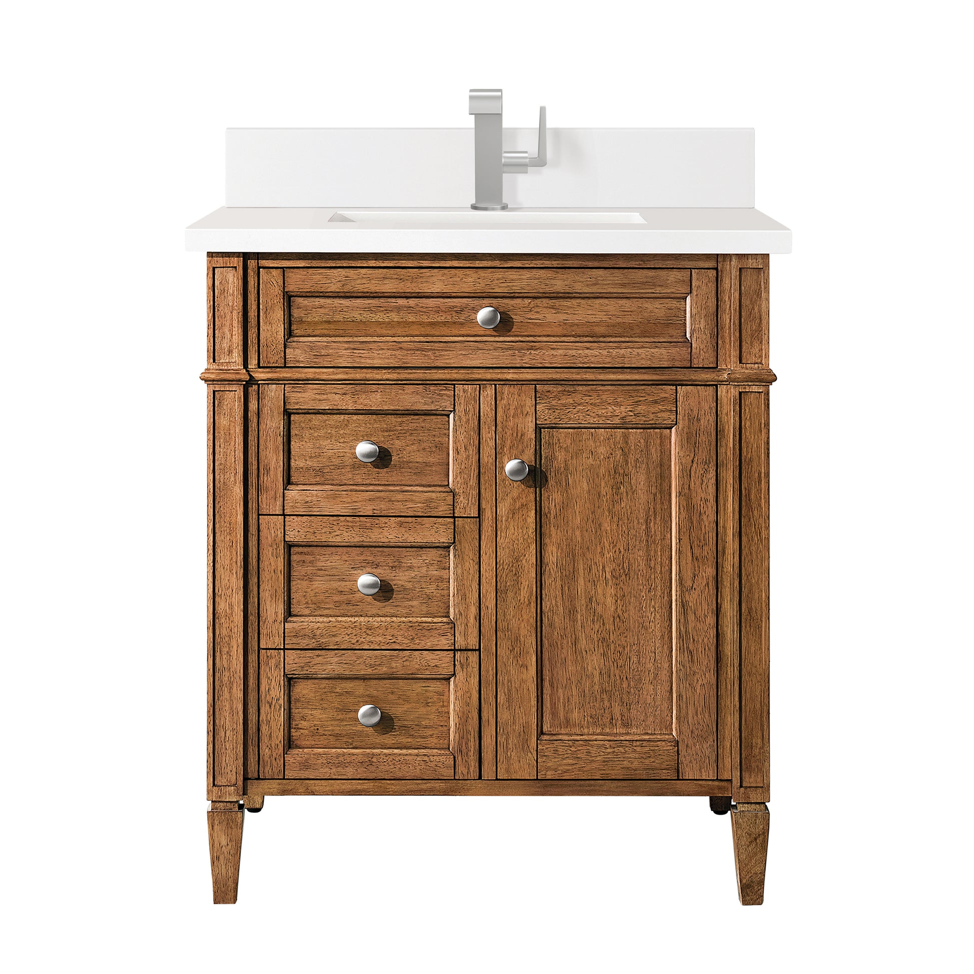 Renovate for Less Atlanta Brittany 30" Single Vanity, Saddle Brown, w/ Single Hole 3 CM White Zeus Silestone Top & Backsplash