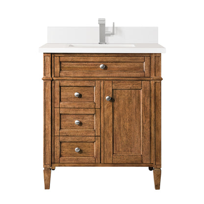 Renovate for Less Atlanta Brittany 30" Single Vanity, Saddle Brown, w/ Single Hole 3 CM White Zeus Silestone Top & Backsplash