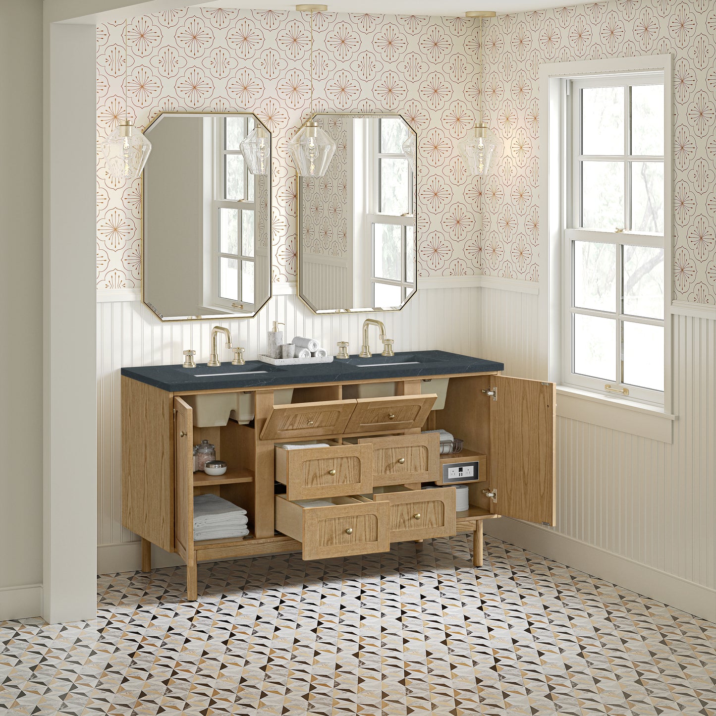 Renovate for Less Atlanta Laurent 60" Double Vanity, Light Natural Oak, w/ 3 CM Charcoal Soapstone Quartz Top