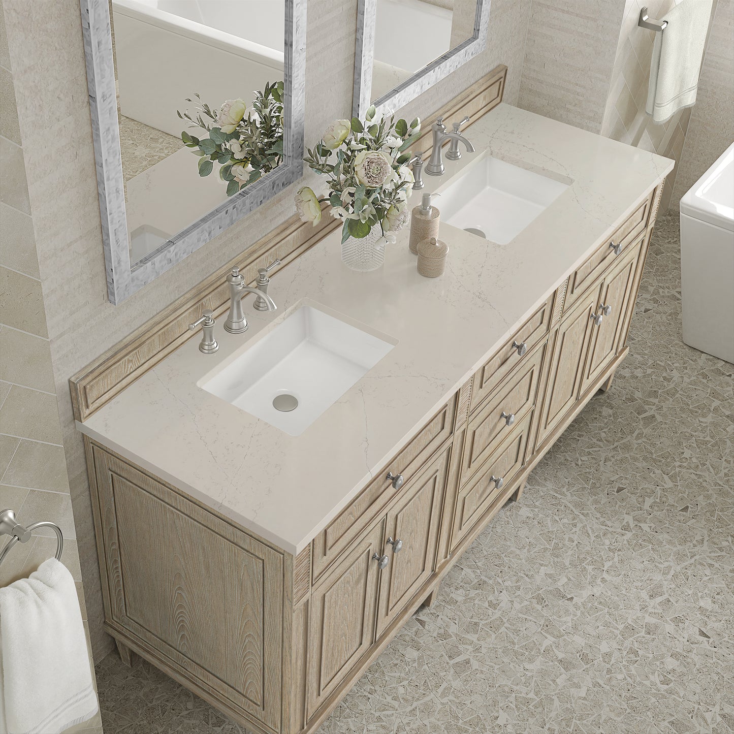 Renovate for Less Atlanta Lorelai 72" Double Vanity, Whitewashed Oak, w/ 3 CM Siberian Silestone Top