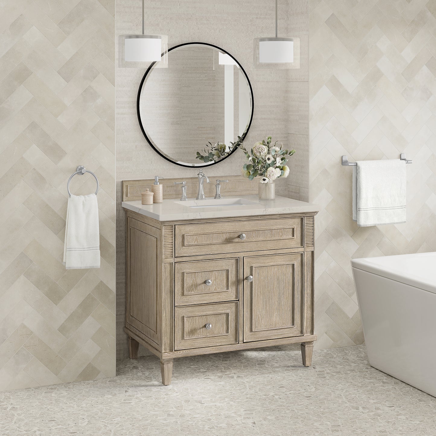 Renovate for Less Atlanta Lorelai 36" Single Vanity, Whitewashed Oak, w/ 3 CM Siberian Silestone Top