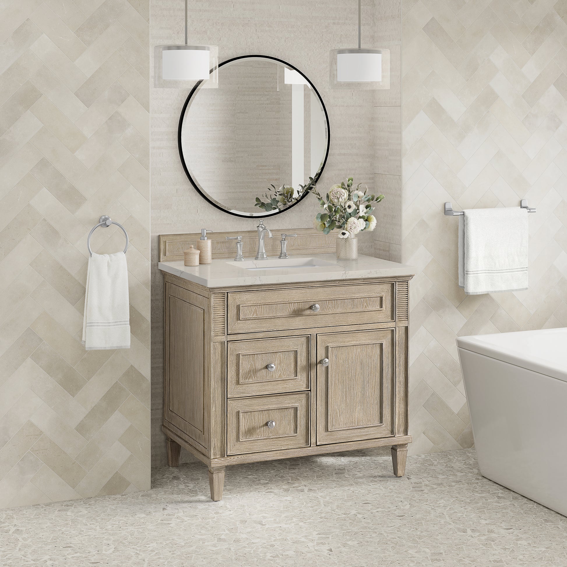 Renovate for Less Atlanta Lorelai 36" Single Vanity, Whitewashed Oak, w/ 3 CM Siberian Silestone Top