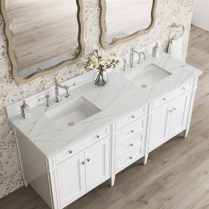 Brittany 72" Double Vanity, Bright White Vanity w/ 3 CM Ethereal Noctis Silestone Top