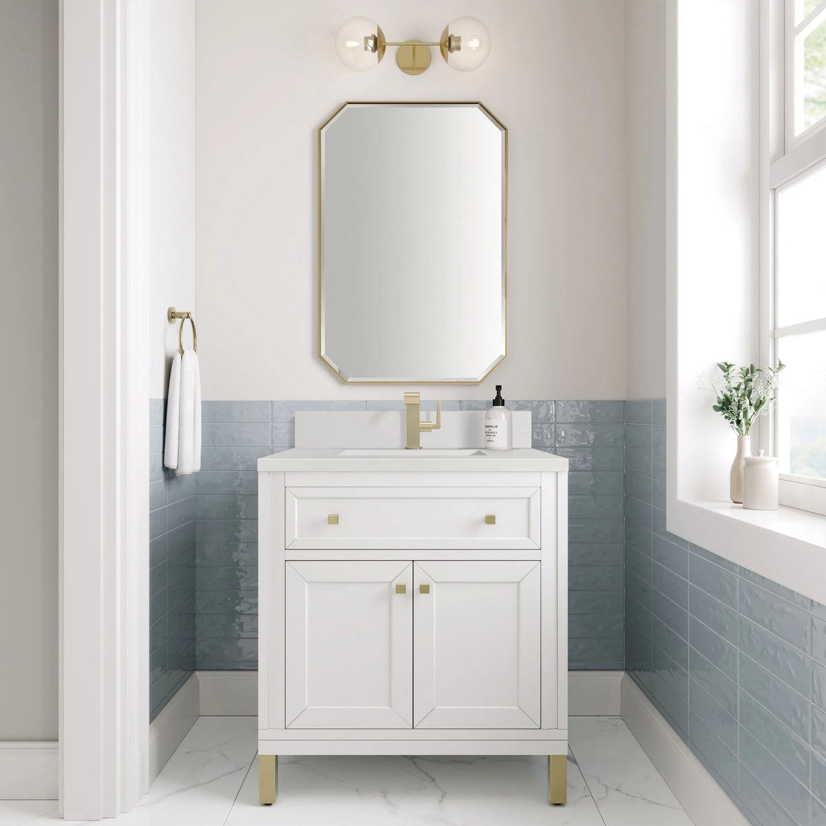 Chicago 30" Single Vanity, Glossy White, w/ Single Hole 3CM White Zeus Silestone® Top & Backsplash