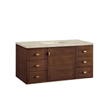 Amberly 48" Single Vanity, Mid-Century Walnut, w/ 3 CM Tajnar Eclos Top w/FreePower Wireless Charger