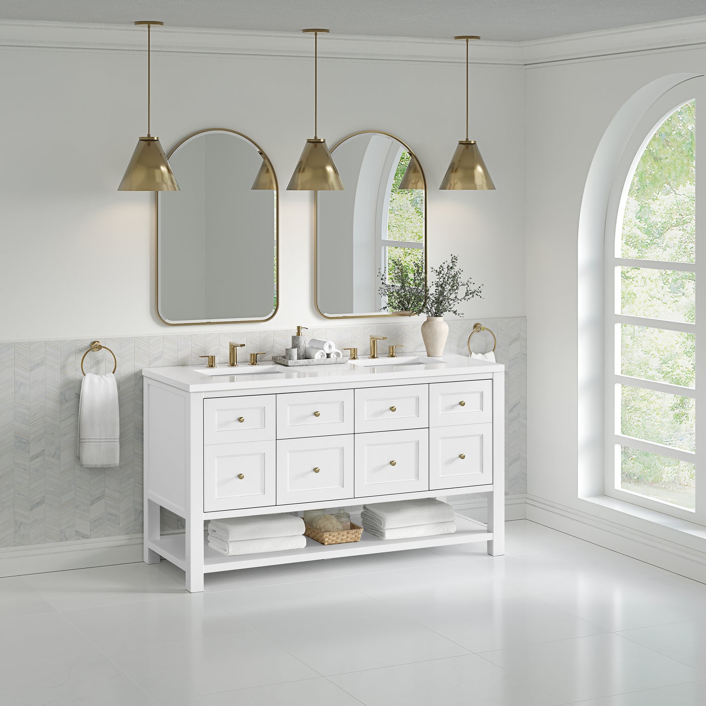 Renovate for Less Atlanta Breckenridge 60" Double Vanity, Bright White, w/ 3 CM White Zeus Quartz Top