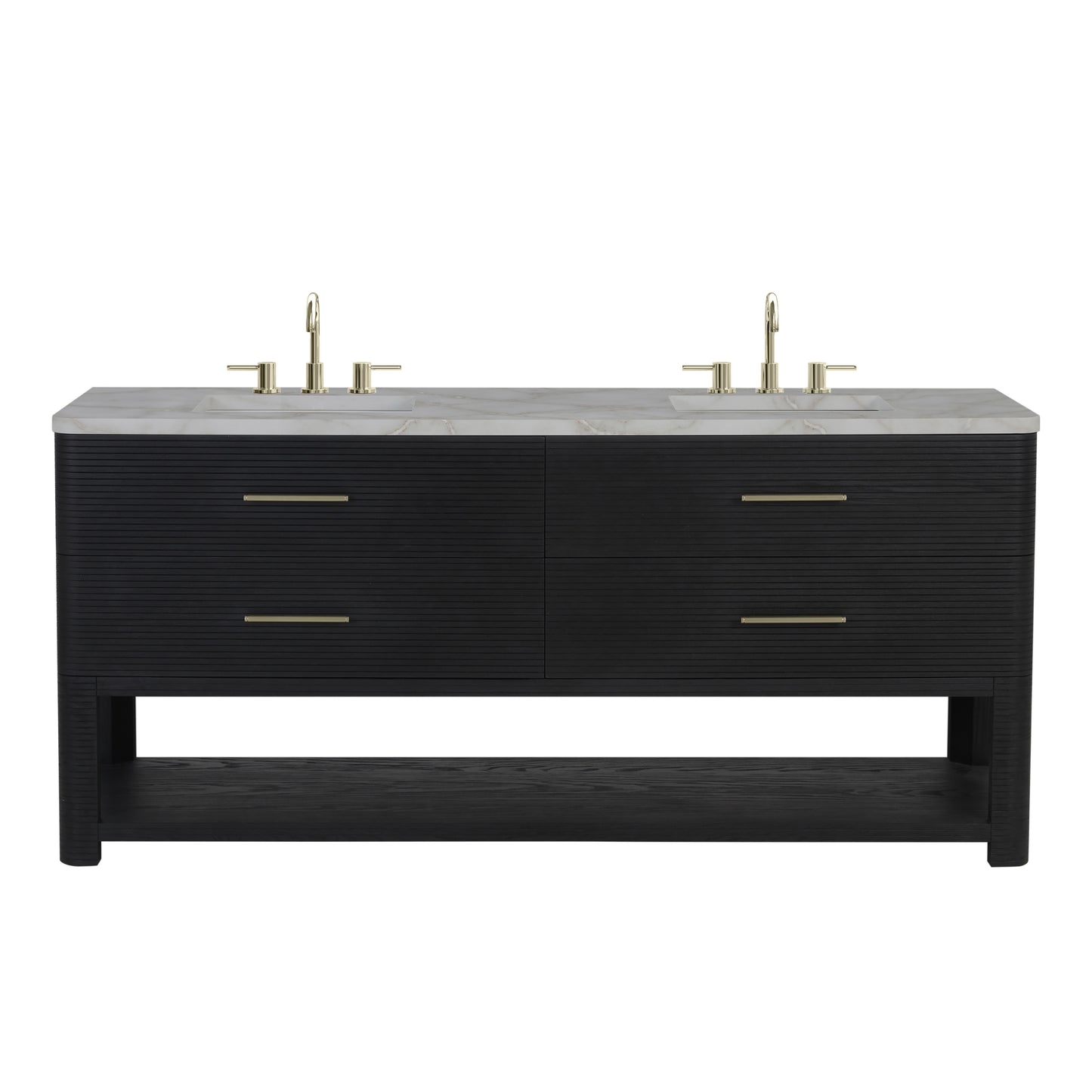 Renovate for Less Atlanta Lucian 72" Double Vanity, Carbon Oak w/ 3 CM Victorian Silver Silestone Widespread Top