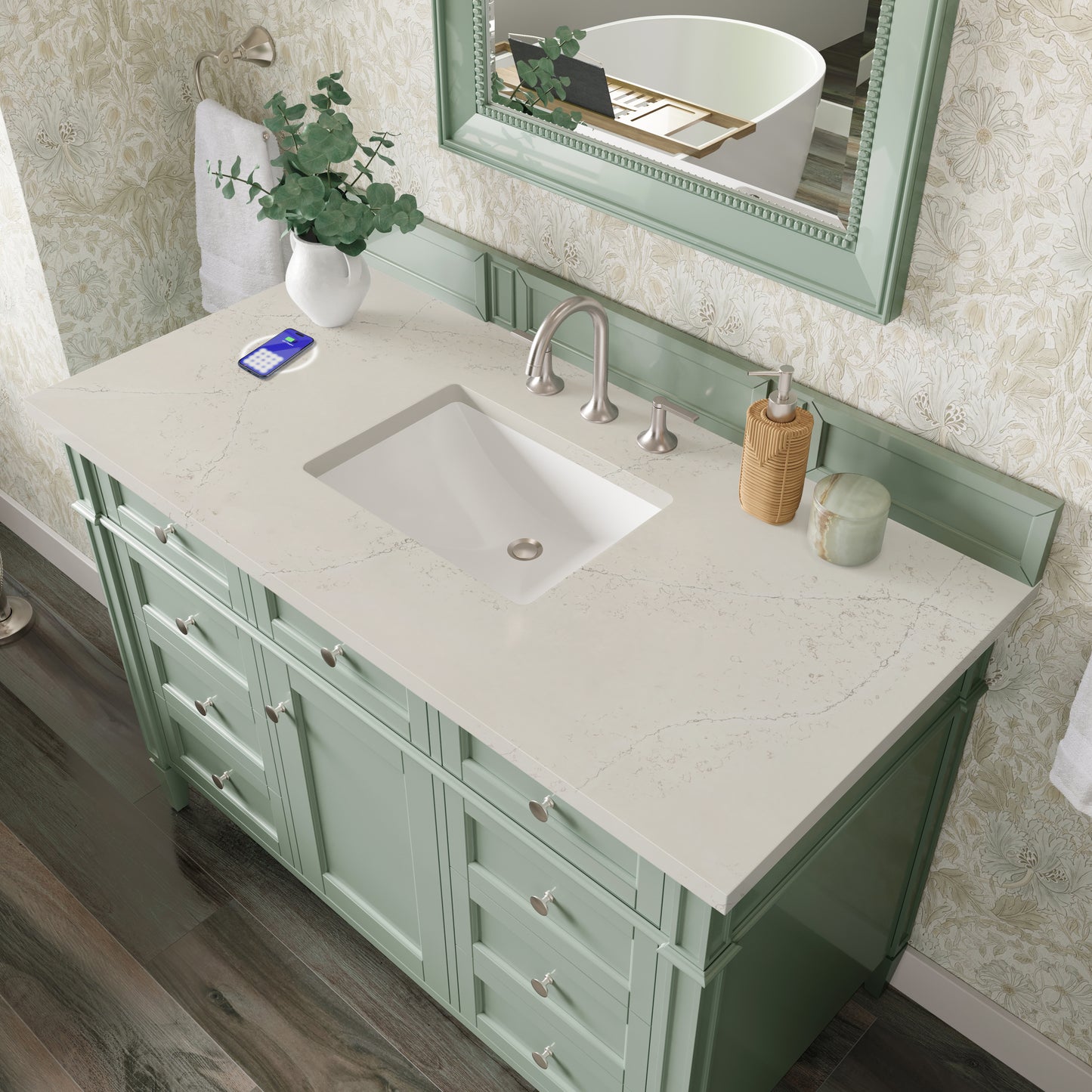 Renovate for Less Atlanta Brittany 48" Single Vanity, Sage Green, w/ 3 CM Siberian Silestone Top w/FreePower Wireless Charger