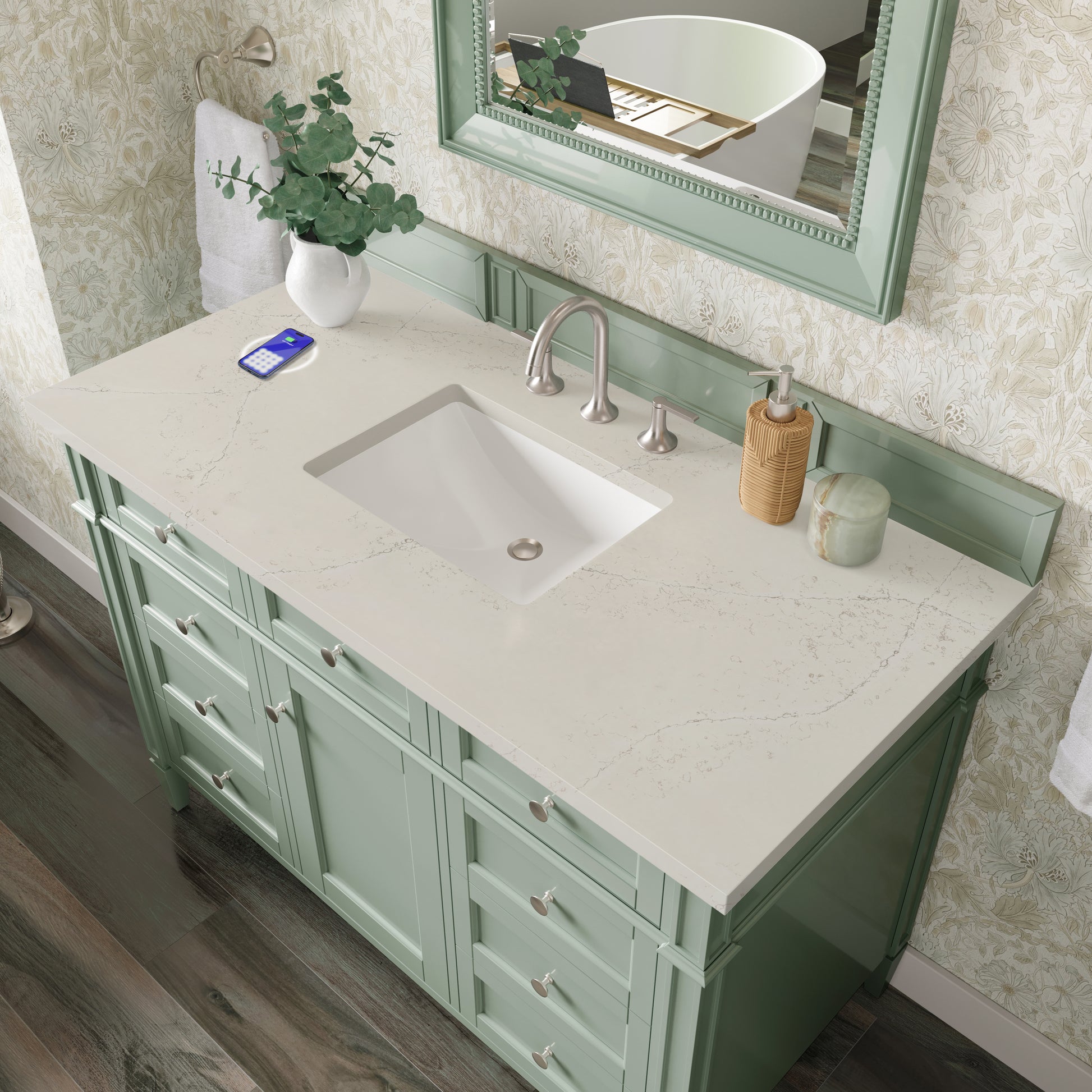 Renovate for Less Atlanta Brittany 48" Single Vanity, Sage Green, w/ 3 CM Siberian Silestone Top w/FreePower Wireless Charger