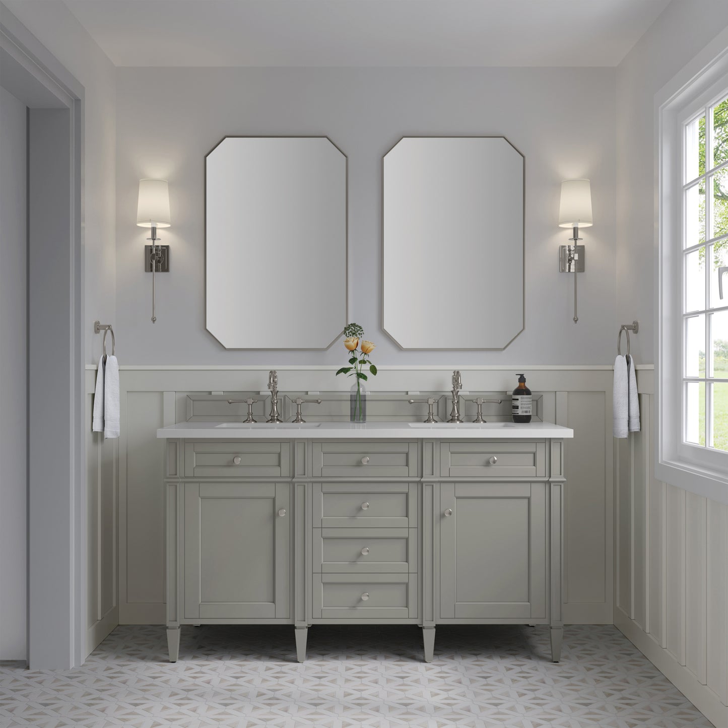 Renovate for Less Atlanta Brittany 60" Double Vanity, Urban Gray w/ 3 CM White Zeus Silestone Top
