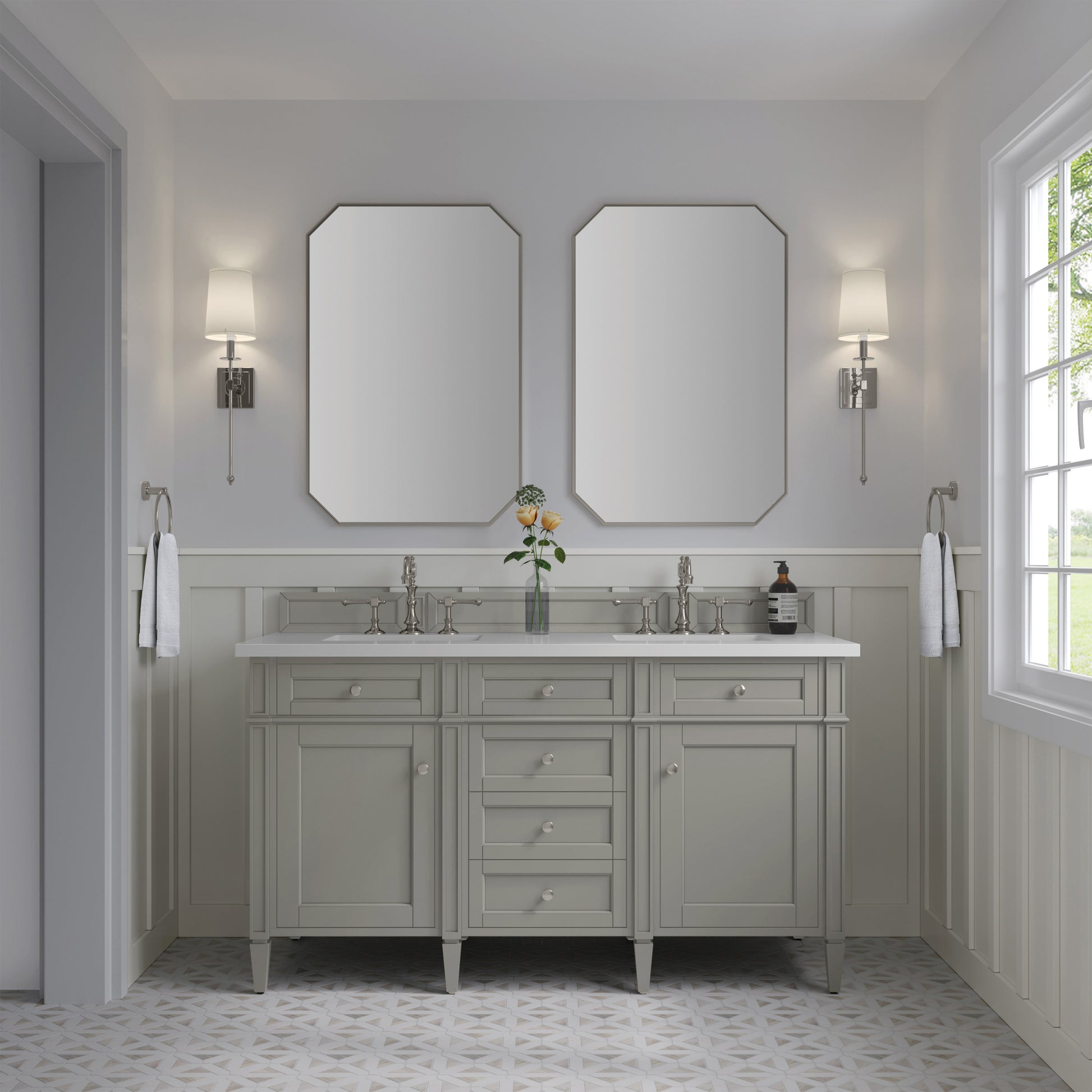 Renovate for Less Atlanta Brittany 60" Double Vanity, Urban Gray w/ 3 CM White Zeus Silestone Top