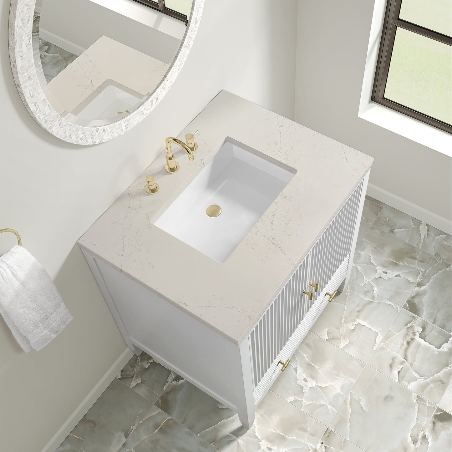 Renovate for Less Atlanta Myrrin 30" Single Vanity, Bright White w/ 3 CM Siberian Silestone Top
