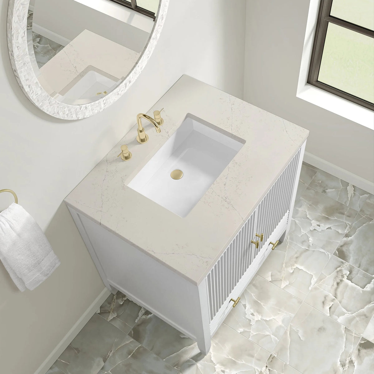 Myrrin 30" Single Vanity, Bright White w/ 3 CM Siberian Silestone Top