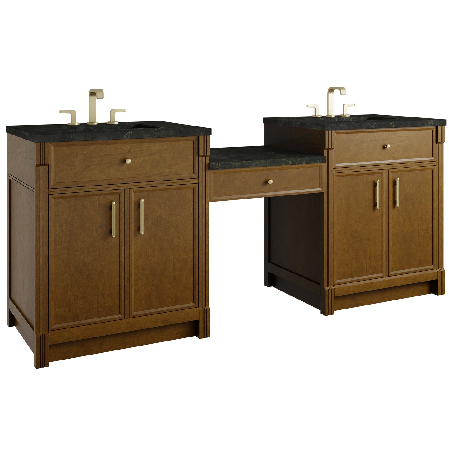 Renovate for Less Atlanta Bellshire 84" Dual Vanity Set with 24" Make-Up Counter, Honey Oak w/3 cm Phantome Eclos Top