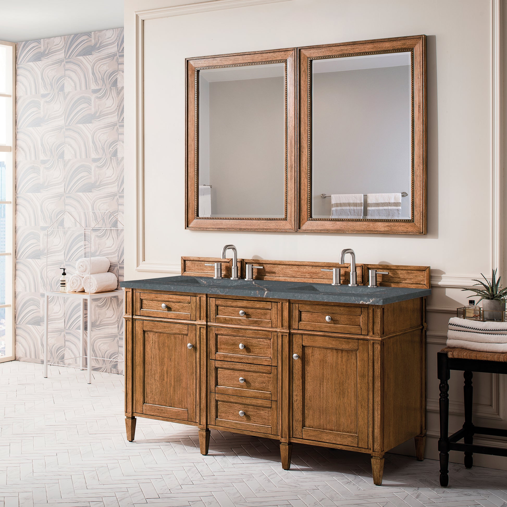 Renovate for Less Atlanta Brittany 60" Double Vanity, Saddle Brown w/ 3 CM Parisien Bleu Silestone Top w/FreePower Wireless Charger