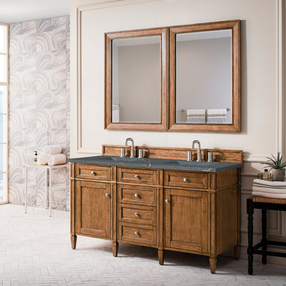 Renovate for Less Atlanta Brittany 60" Double Vanity, Saddle Brown w/ 3 CM Parisien Bleu Silestone Top w/FreePower Wireless Charger