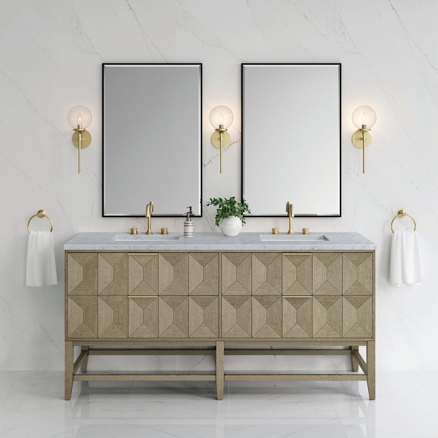 Renovate for Less Atlanta Emmeline 72" Double Vanity, Pebble Oak w/ 3 CM Carrara Marble Top
