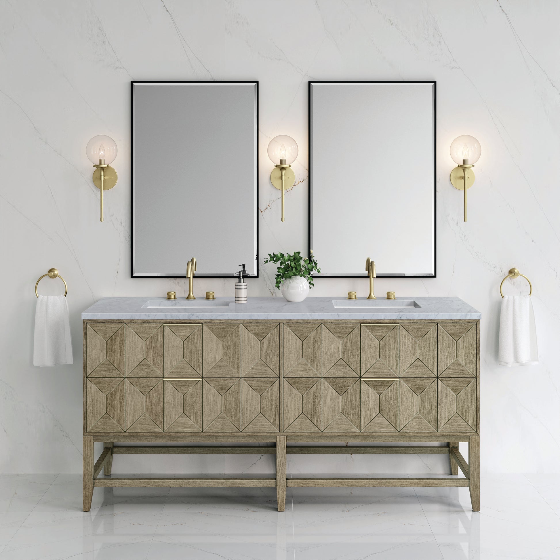 Renovate for Less Atlanta Emmeline 72" Double Vanity, Pebble Oak w/ 3 CM Carrara Marble Top