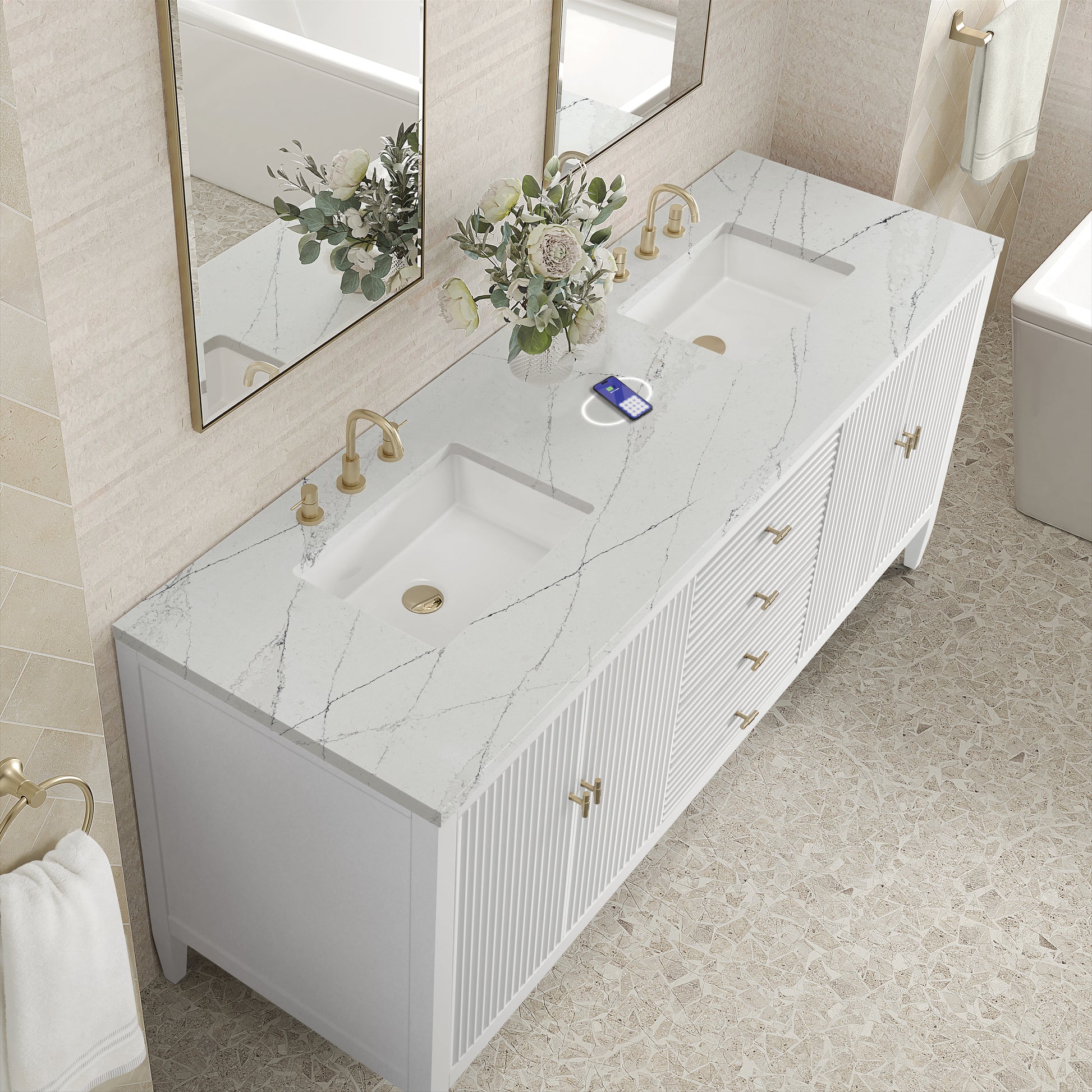 Renovate for Less Atlanta Myrrin 72" Double Vanity, Bright White w/ 3 CM Ethereal Noctis Silestone Top w/FreePower Wireless Charger