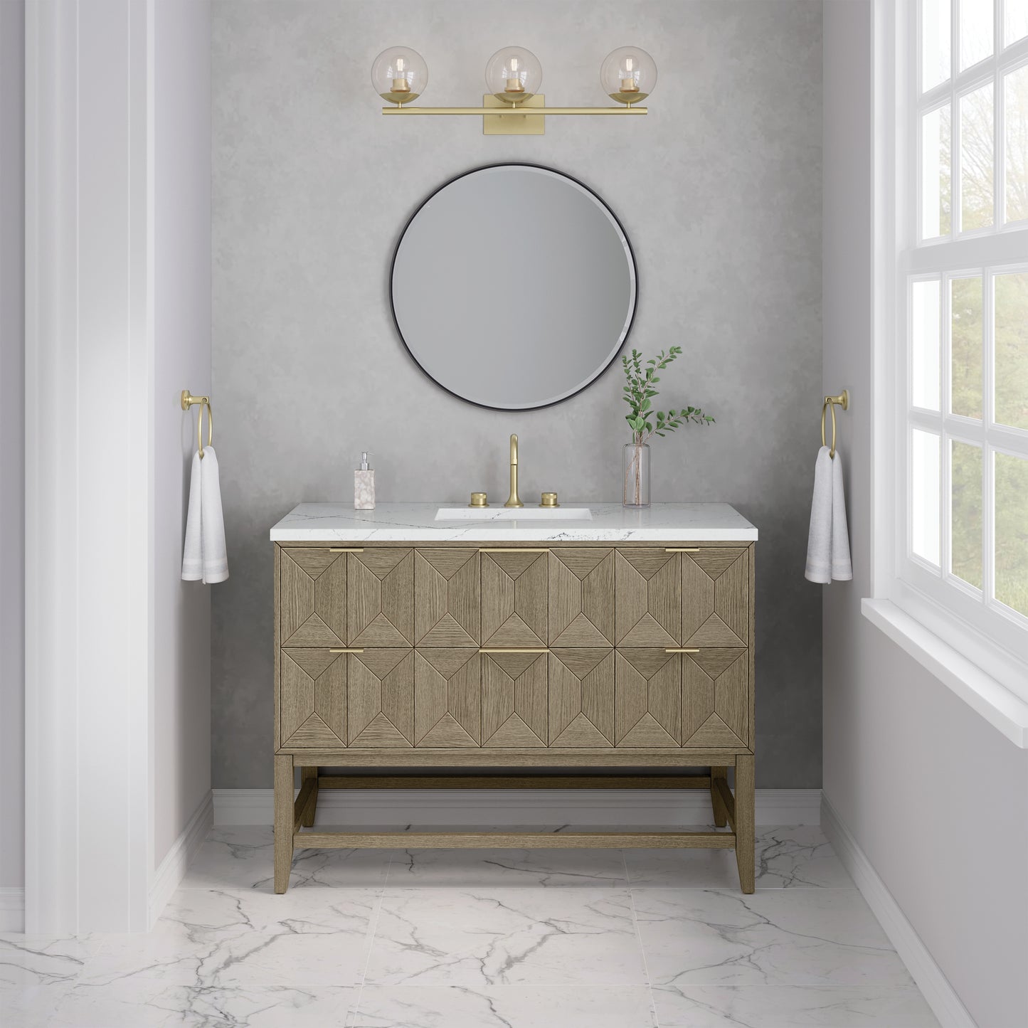 Renovate for Less Atlanta Emmeline 48" Single Vanity, Pebble Oak w/ 3 CM Ethereal Noctis Silestone Top w/ FreePower Wireless Charger