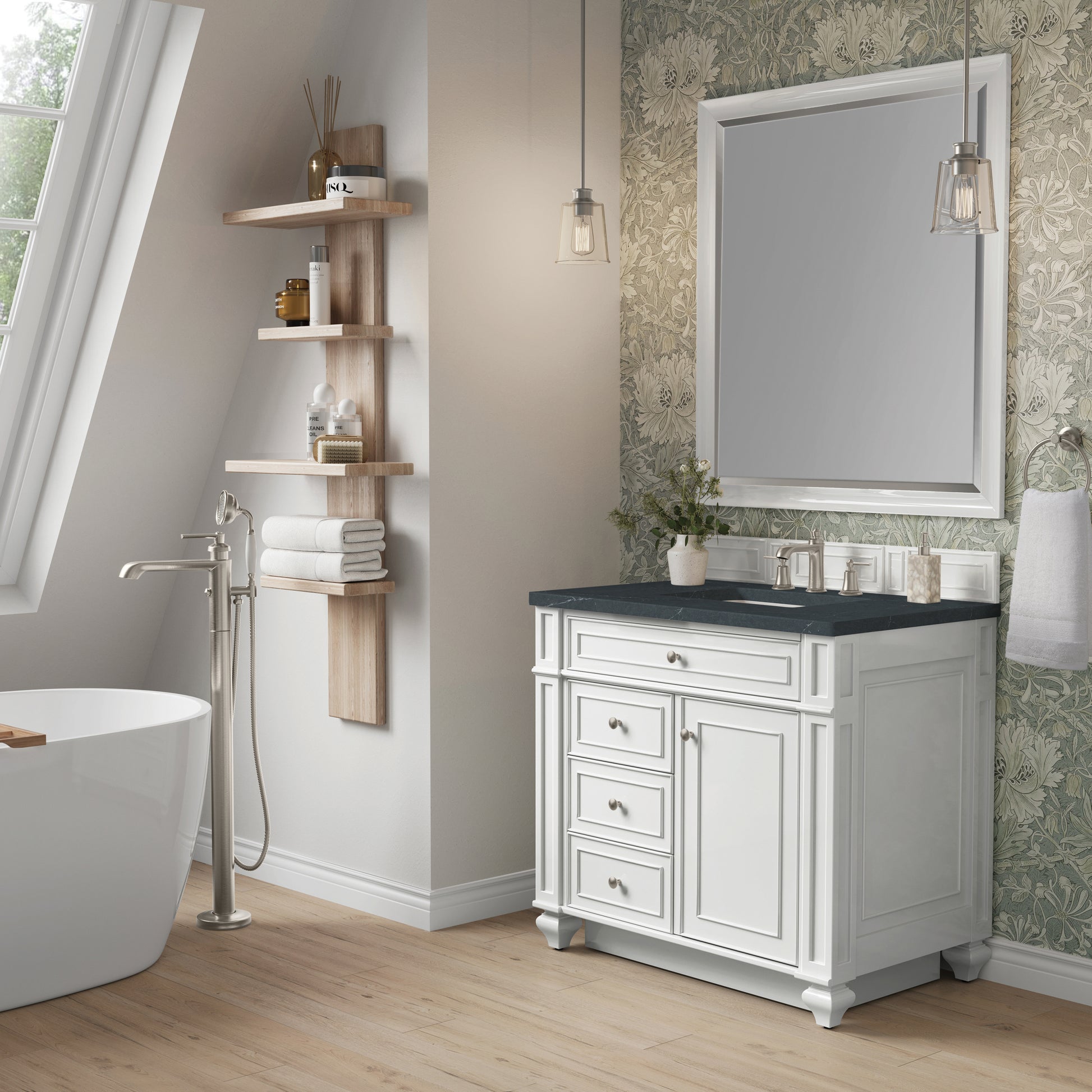 Renovate for Less Atlanta Bristol 36" Single Vanity, Bright White w/ 3 CM Charcoal Soapstone Silestone Top