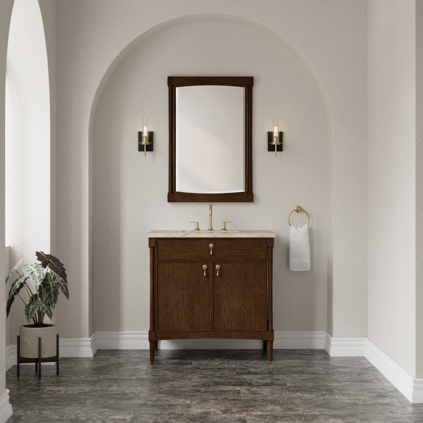 Renovate for Less Atlanta Kinnsden 36" Single Vanity, Sable Oak w/ 3 CM Tajnar Eclos Top