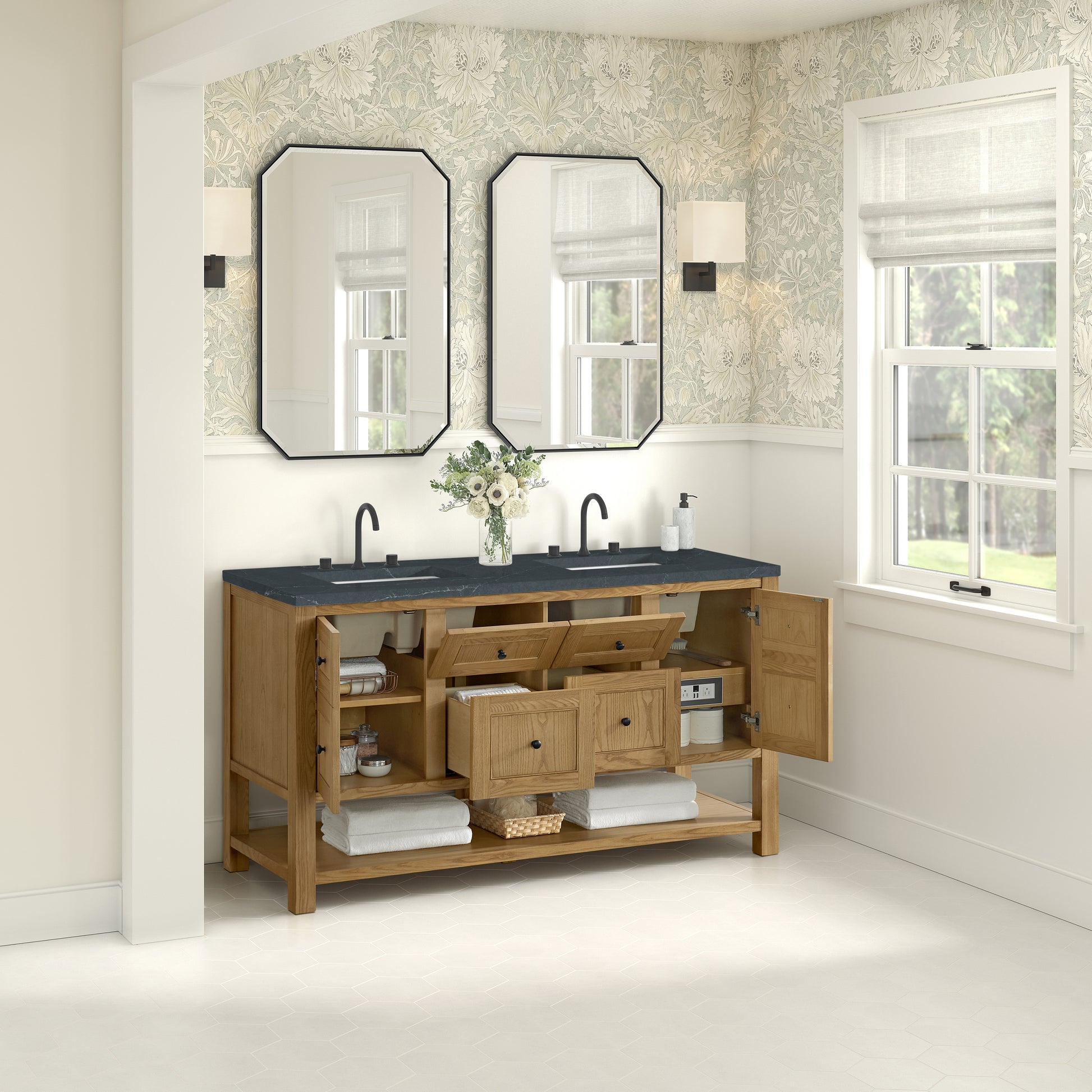 Renovate for Less Atlanta Breckenridge 60" Double Vanity, Light Natural Oak, w/ 3 CM Charcoal Soapstone Quartz Top