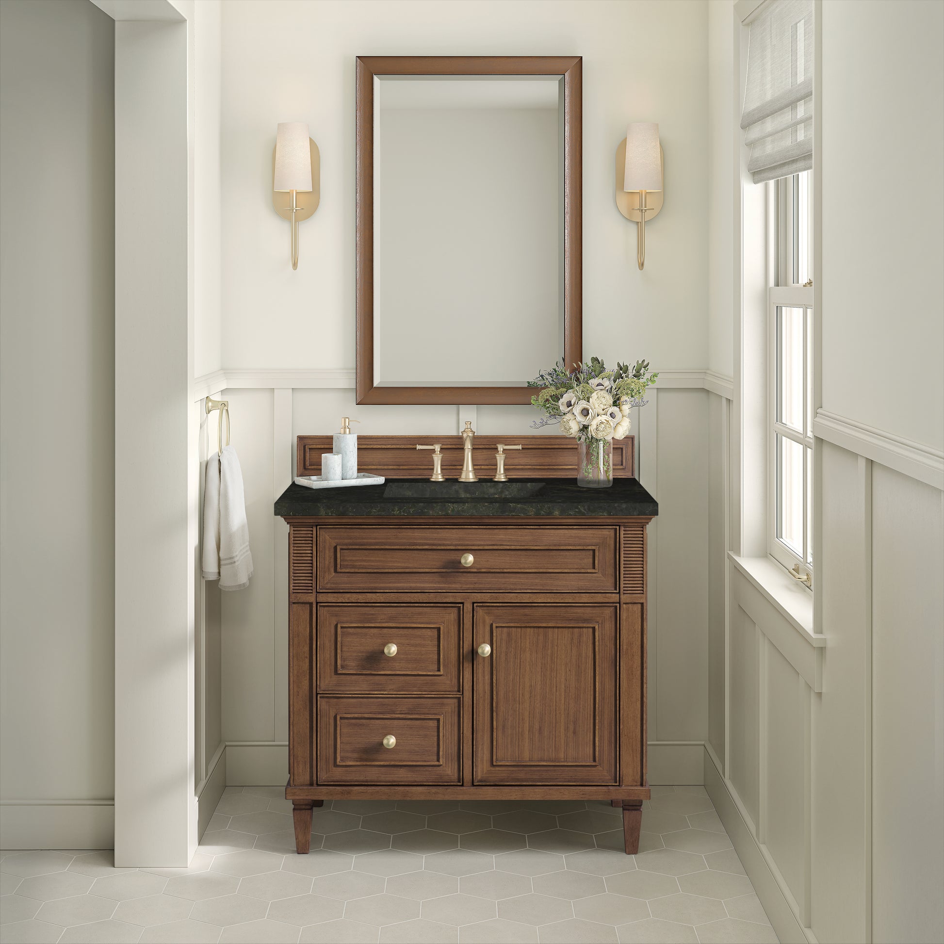 Renovate for Less Atlanta Lorelai 36" Single Vanity, Mid-Century Walnut, w/ 3 CM Phantome Eclos Top