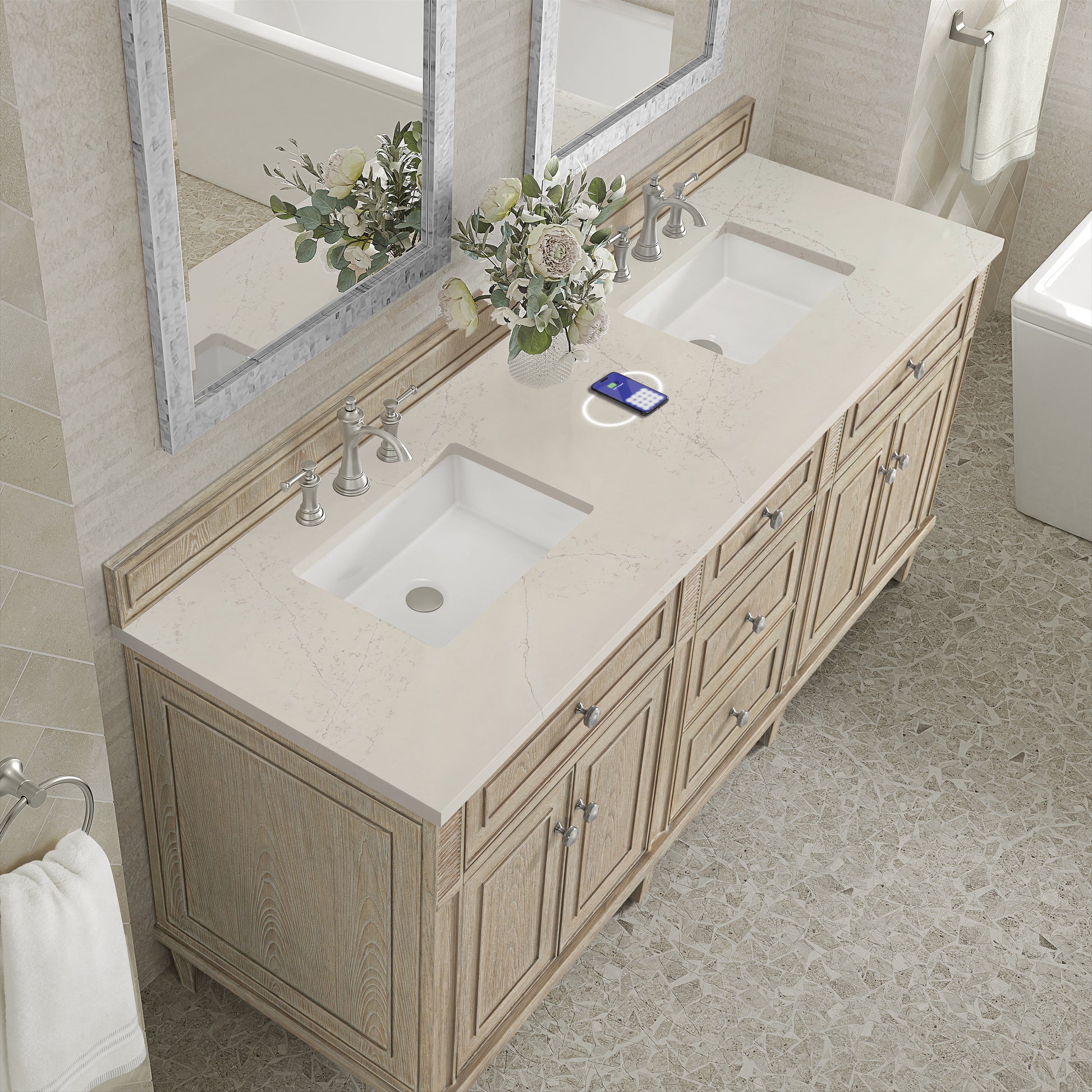 Renovate for Less Atlanta Lorelai 72" Double Vanity, Whitewashed Oak, w/ 3 CM Siberian Silestone Top w/FreePower Wireless Charger