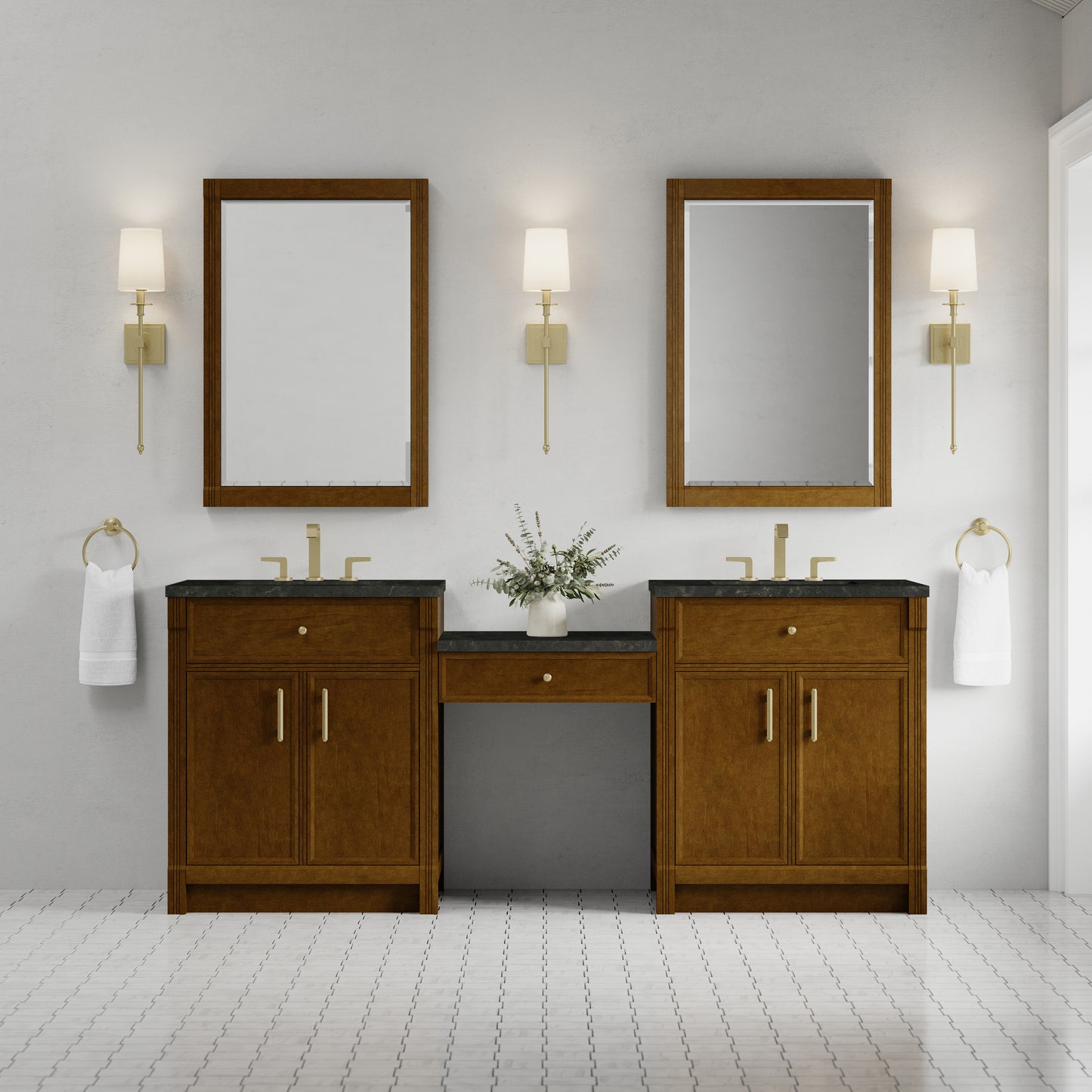 Renovate for Less Atlanta Bellshire 84" Dual Vanity Set with 24" Make-Up Counter, Honey Oak w/3 cm Phantome Eclos Top