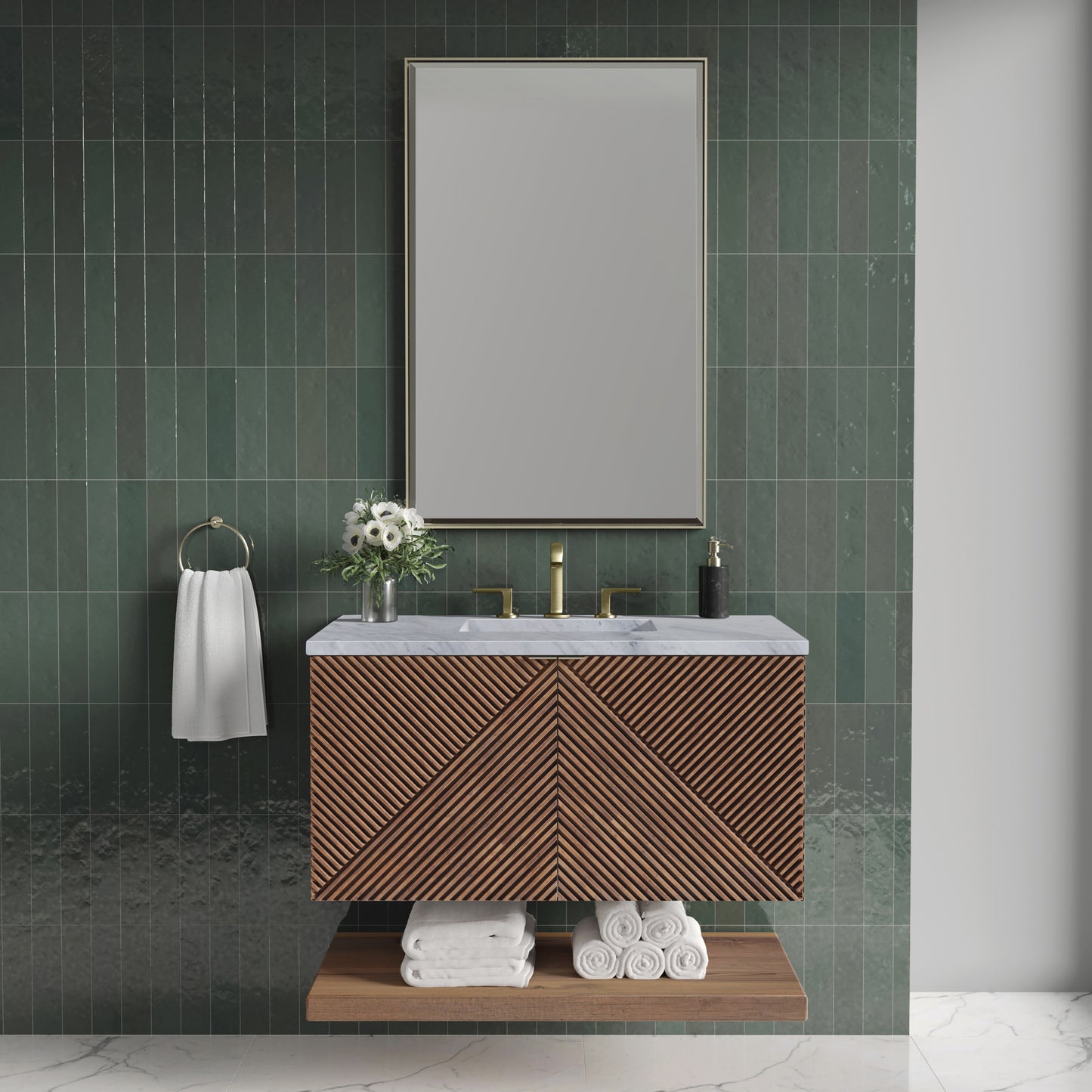 Renovate for Less Atlanta Marcello 36" Single Vanity, Chestnut w/ 3 CM Carrara Marble Top