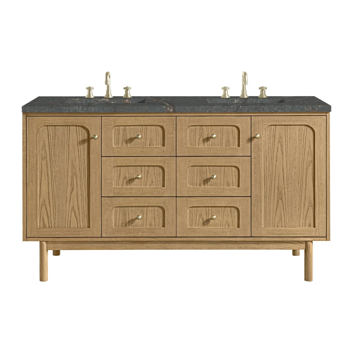 Laurent 60" Double Vanity, Light Natural Oak, w/ 3 CM Parisien Bleu Quartz Top w/FreePower Wireless Charger