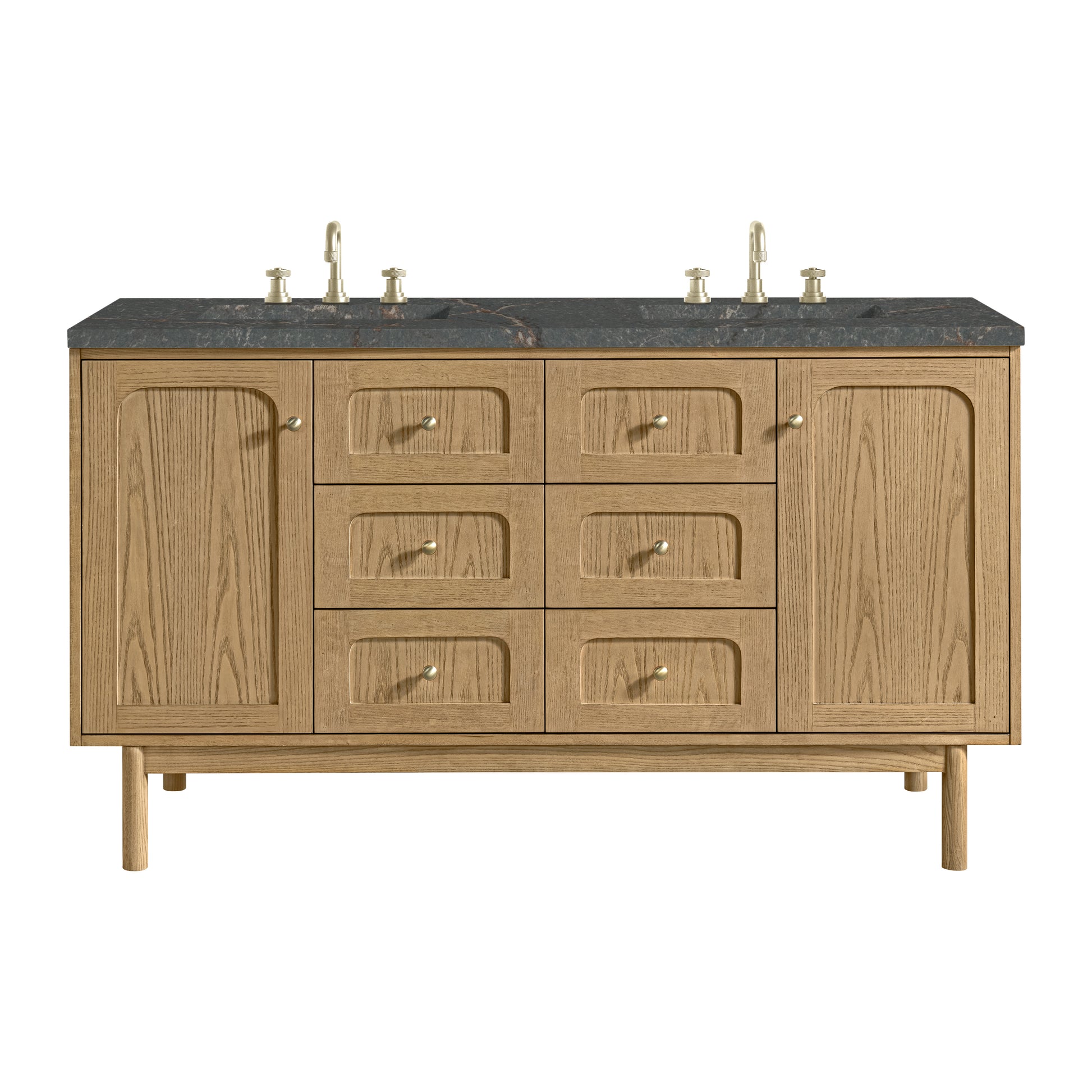 Renovate for Less Atlanta Laurent 60" Double Vanity, Light Natural Oak, w/ 3 CM Parisien Bleu Quartz Top w/FreePower Wireless Charger