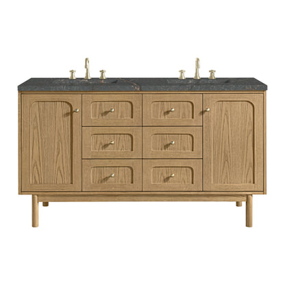 Renovate for Less Atlanta Laurent 60" Double Vanity, Light Natural Oak, w/ 3 CM Parisien Bleu Quartz Top w/FreePower Wireless Charger