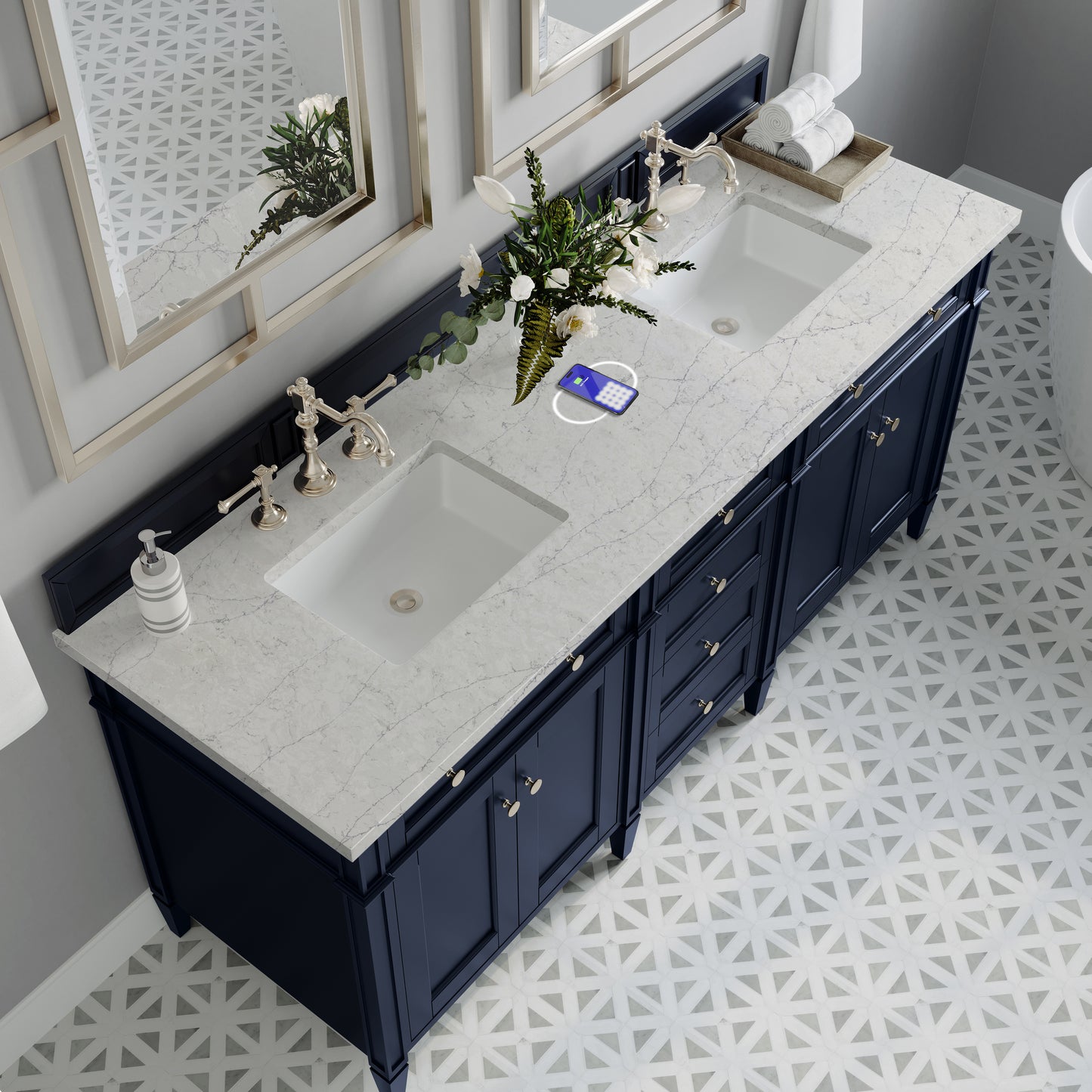 Renovate for Less Atlanta Brittany 72" Double Vanity, Victory Blue w/ 3 CM Eternal Jasmine Pearl Silestone Top w/FreePower Wireless Charger