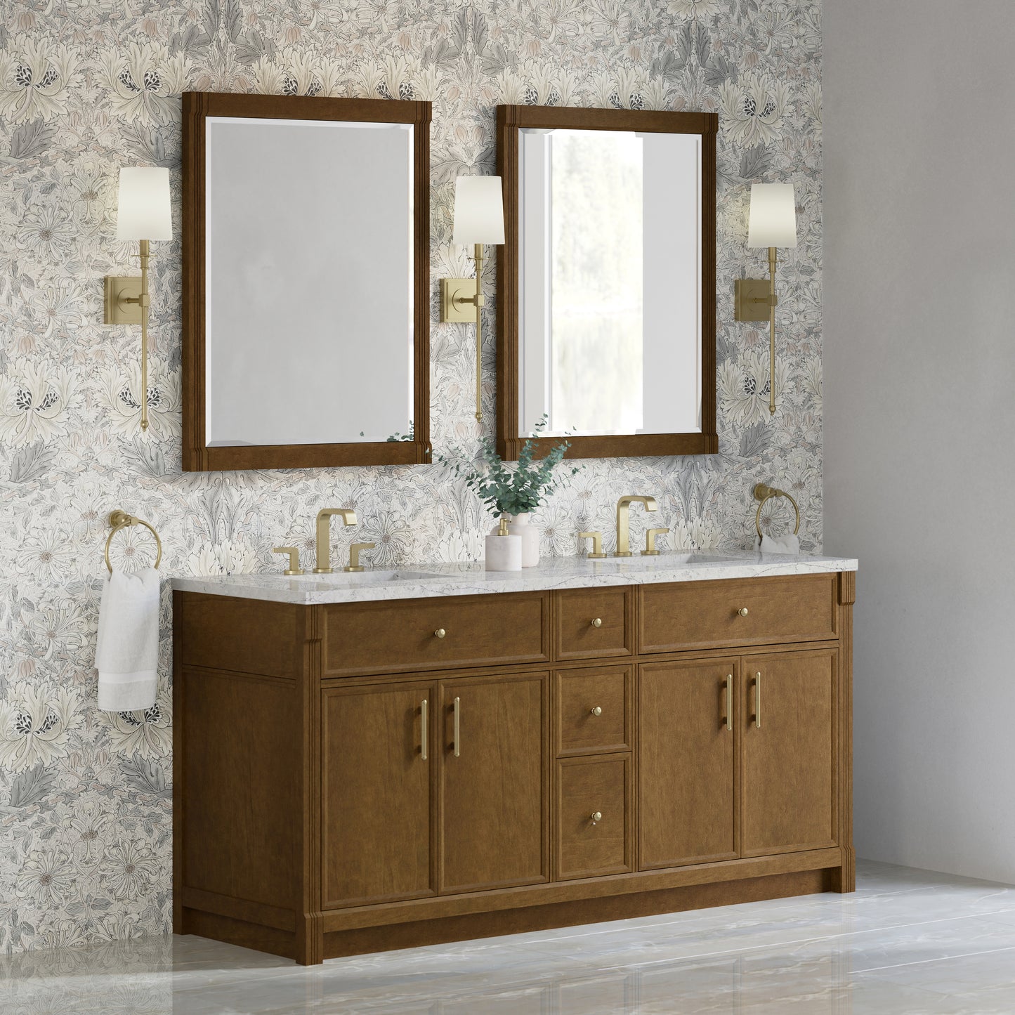 Renovate for Less Atlanta Bellshire 72" Double Vanity, Honey Oak w/ 3 CM Eternal Jasmine Pearl Silestone Top
