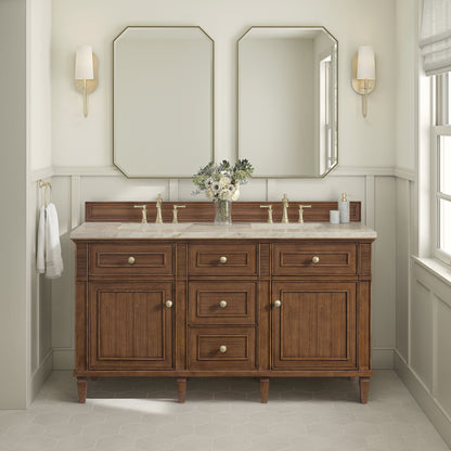 Renovate for Less Atlanta Lorelai 60" Double Vanity, Mid-Century Walnut, w/ 3 CM Tajnar Eclos Top w/FreePower Wireless Charger