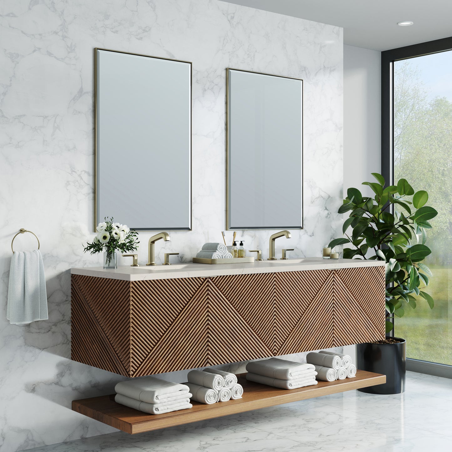 Renovate for Less Atlanta Marcello 72" Double Vanity, Chestnut, w/ 3 CM Siberian Silestone Top w/FreePower Wireless Charger